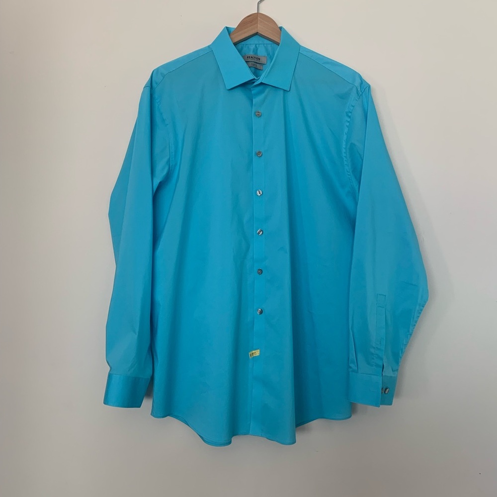 Reaction Kenneth Cole XL 17-17.5 Men's Turquoise Dress Shirt Slim Fit Stretch